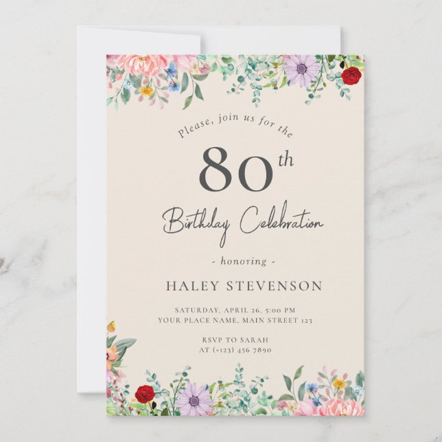 Invitation Fleur sauvage Rustique Boho 80e anniversaire Simpl (Devant)
