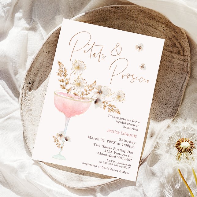 Invitation Fleur sauvage rustique Fête des mariées de poursui (Floral Petals and Prosecco Bridal Shower Invitation, Wildflowers Petal Prosecco Bridal Modern Rustic)
