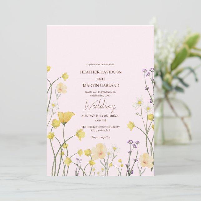 Invitation Fleur sauvage rustique Jardin rose Mariage (Debout devant)