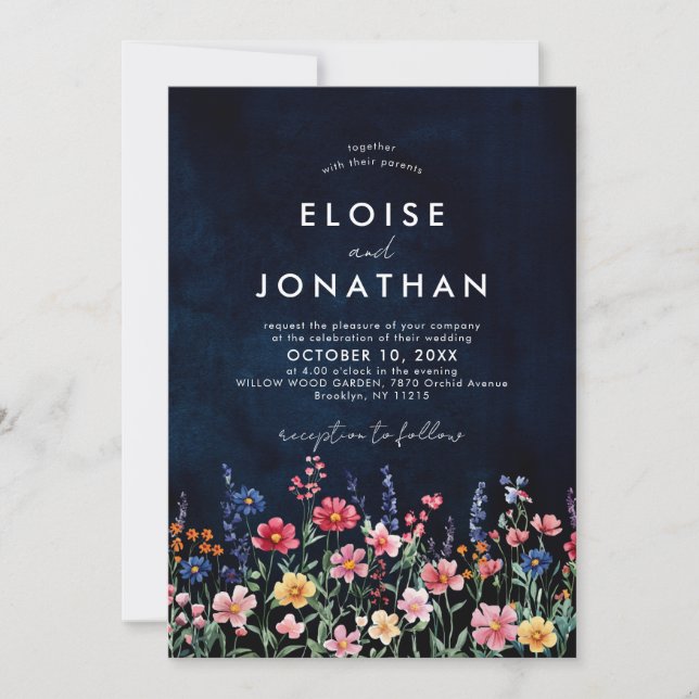 Invitation Fleur sauvage Rustique Pays Boho Floral Marine Mar (Devant)