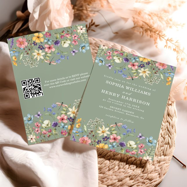 Invitation Fleur sauvage rustique Sage vert Mariage QR Code (Créateur téléchargé)