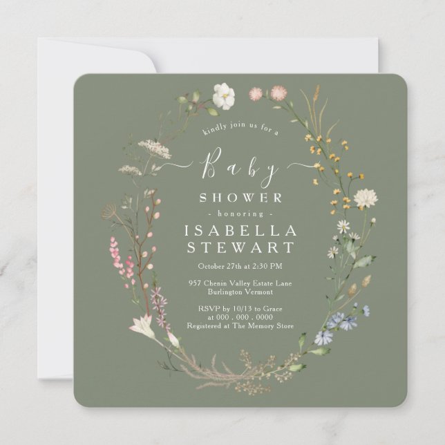 Invitation Fleur sauvage Rustique Thème Sage Baby shower vert (Devant)