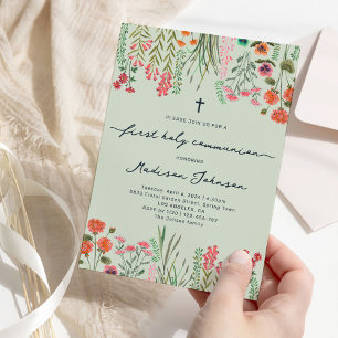 Invitation Fleur sauvage Sage Green Première Communion sainte
