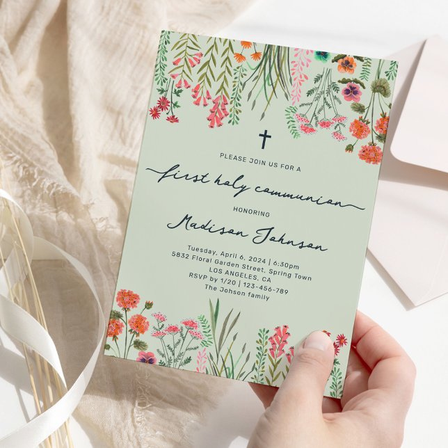 Invitation Fleur sauvage Sage Green Première Communion sainte (Wildflower Sage Green First Holy Communion Invitation)