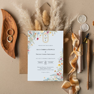 Invitation Fleur sauvage simple Fern Dusty Blue Mariage Monog