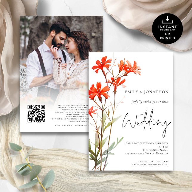Invitation Fleur sauvage superposition photo QR Code Script M (Front and back view)