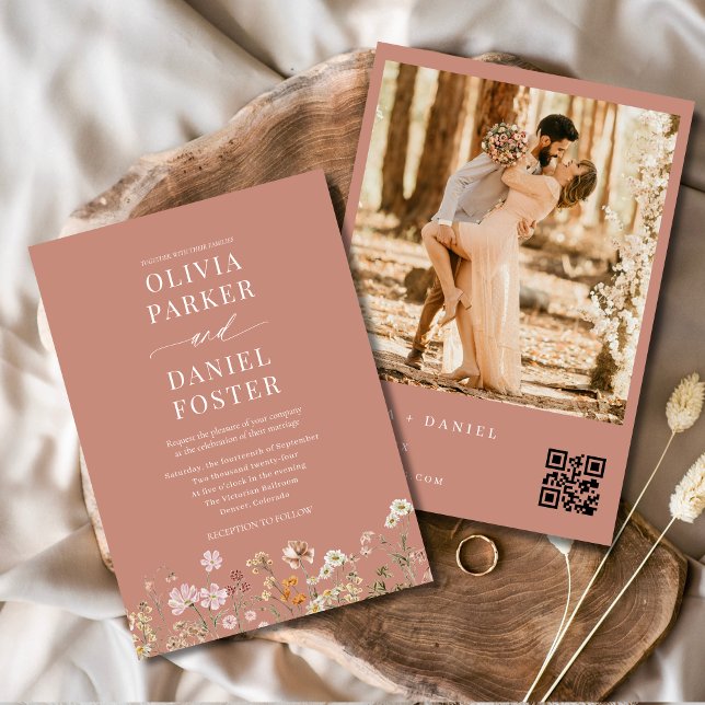 Invitation Fleur sauvage Terracotta Boho QR Code Photo Mariag (Créateur téléchargé)