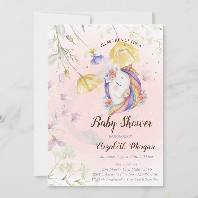 Invitation Fleur sauvage Unicorn Papillons étoiles Baby showe (Devant)