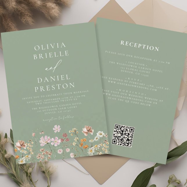 Invitation Fleur sauvage vert Sage tout en un Mariage de code (Créateur téléchargé)