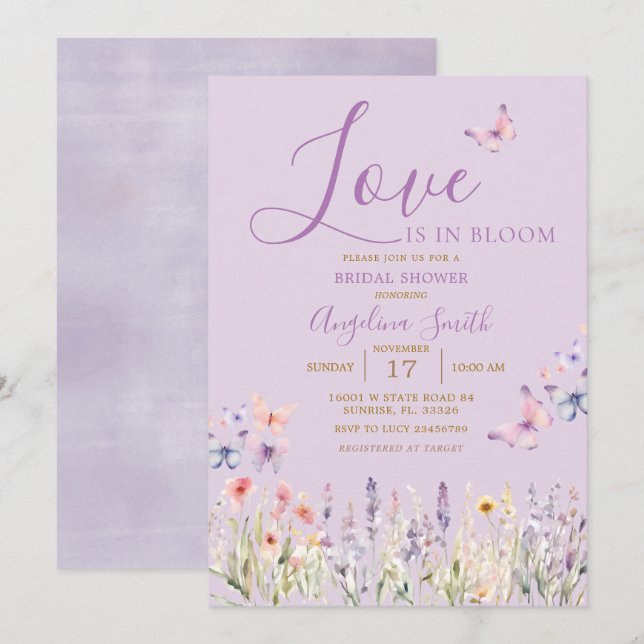 Invitation Fleur sauvage violet   papillon Fête des mariées (Devant / Derrière)