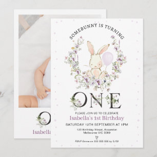 Invitation Fleur sauvage violet photo Un lapin 1er anniversai