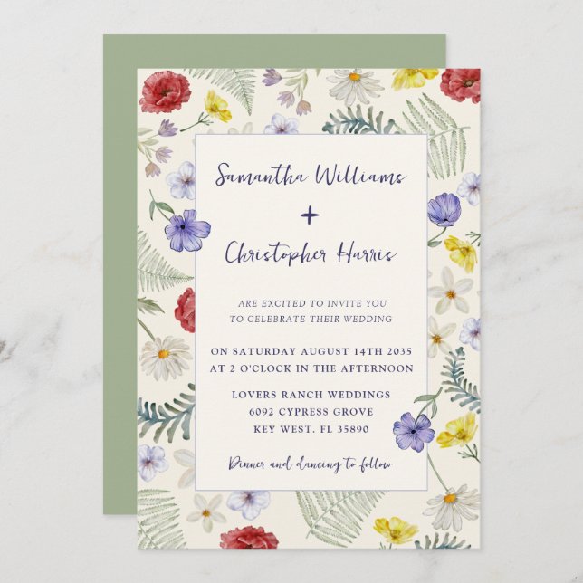 Invitation Fleur sauvage Whimsical Ecru & Sage Mariage (Devant / Derrière)