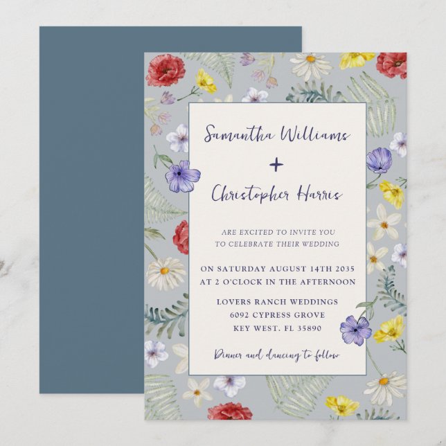 Invitation Fleur sauvage Whimsy Dusty Blue Mariage (Devant / Derrière)