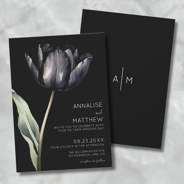 Invitation Fleur Simple Élégant Mariage noir moderne (Flower Simple Elegant Modern Black Wedding Invitation )