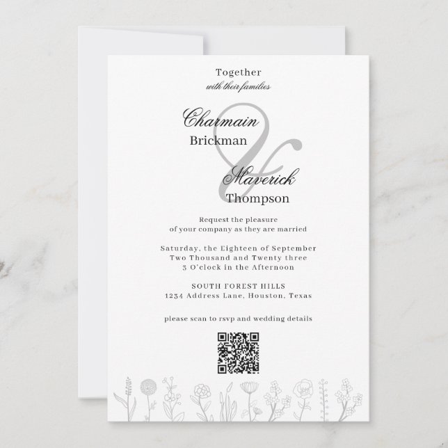 Invitation Fleur simple main dessinée Photo Qr Code Mariage (Devant)