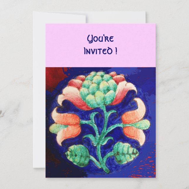 INVITATION FLEUR STYLISÉE / ROSE ROUGE VERT ORANGE BLEU FLORA (Devant)
