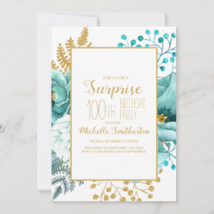 Invitation Fleur Teal Or 100e Anniversaire