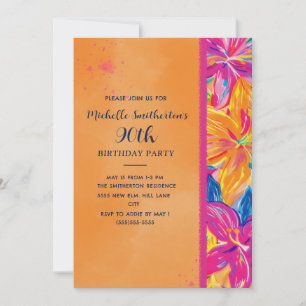 Invitation Fleur Tropical Orange Rose pour 90e Anniversaire