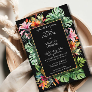 Invitation Fleur tropicale et feuilles mariage aquarelle fonc