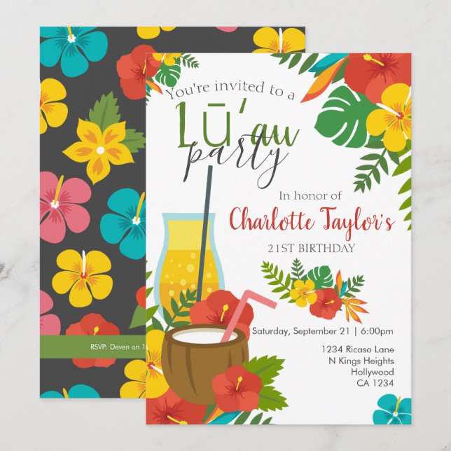 Invitation Fleur tropicale Luau (Devant / Derrière)