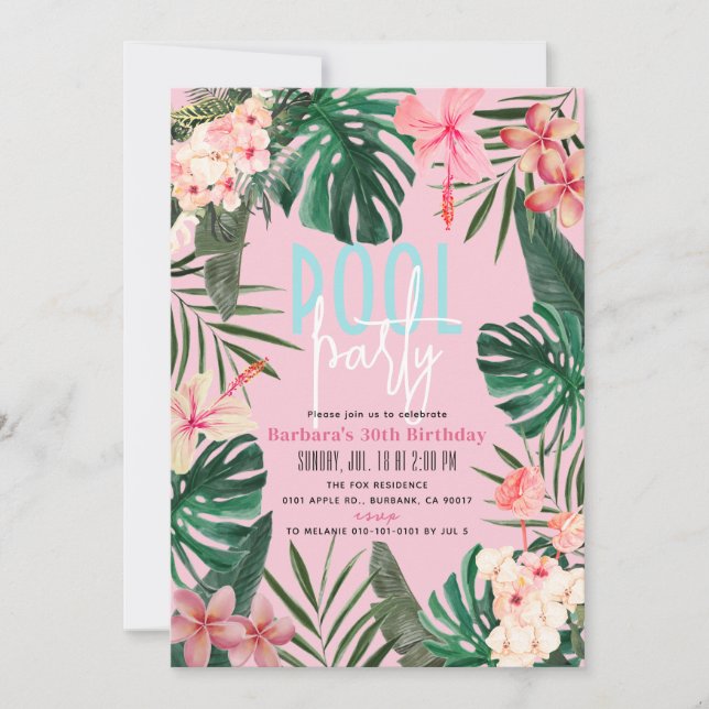 Invitation Fleur tropicale rose adulte Anniversaire (Devant)