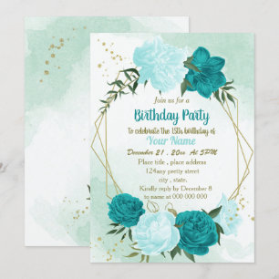 Invitation fleur turquoise vert feuilles anniversaire