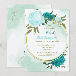 Invitation fleur turquoise vert feuilles anniversaire