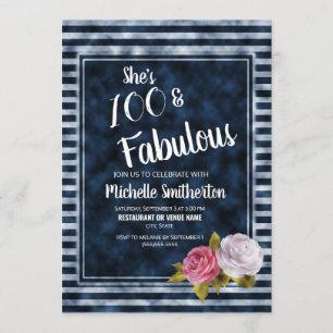 Invitation Fleur Vintage Bleu Rayure Blanche 100e Anniversair