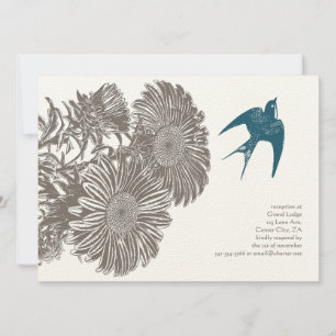 Invitation Fleur Vintage et Mariage d'oiseaux Turquoise