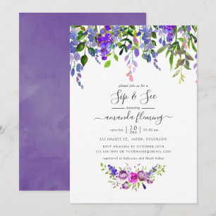 Invitation Fleur violet aquarelle Sip and See