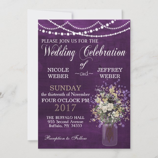 Invitation Fleur violet rustique Pays Mason Jar Mariage (Devant)
