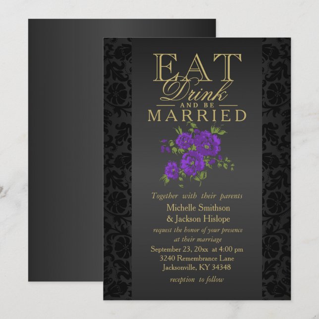 Invitation Fleur violette Mangez, buvez et soyez mariés Invit (Devant / Derrière)