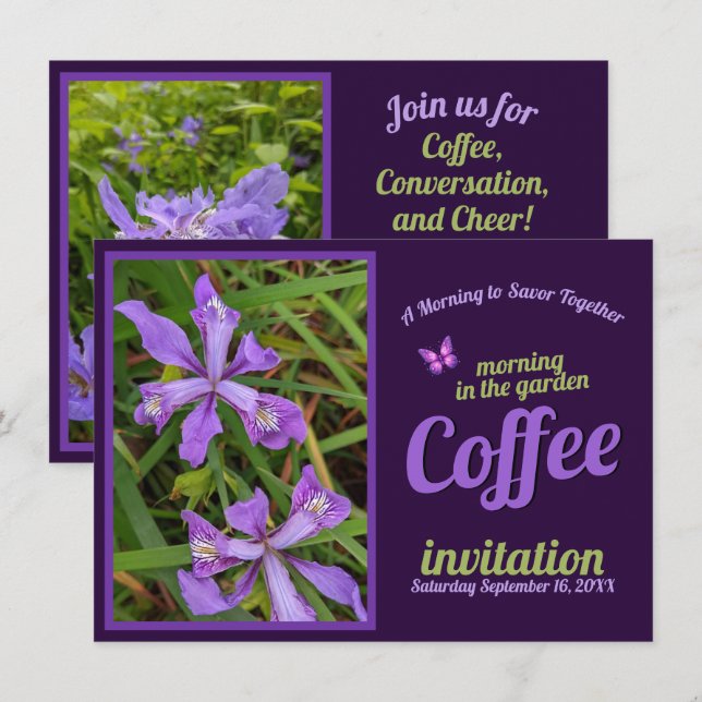 Invitation Fleur violette Sip Célébrer Café Matin Jardin (Devant / Derrière)
