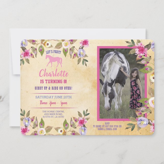 Invitation Fleurale de Fête Cheval Cheval Rose (Devant)