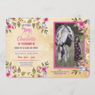 Invitation Fleurale Fête Cheval Poney Rose