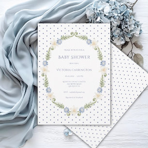 Invitation Fleurie Bleue Cadre à Points Vintage