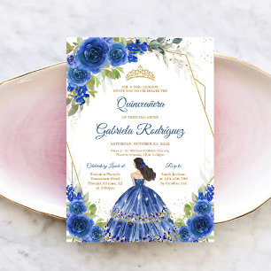Invitation Fleurie Bleue et Or pour Quinceanera