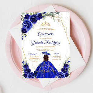 Invitation Fleurie Bleue et Or pour Quinceanera