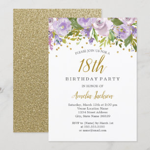 Invitation Fleurie Étincelante Violet pour les 18