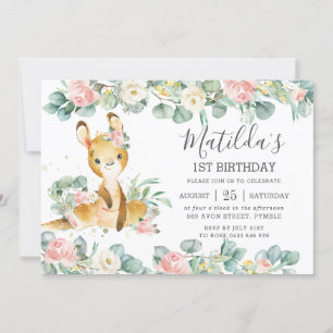Invitation Fleurie Eucalyptus Cute Kangaroo Anniversaire