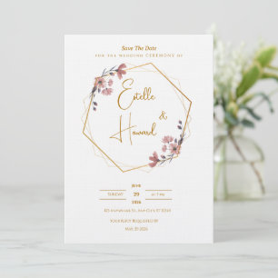 Invitation Fleurie Or et Rose Doux