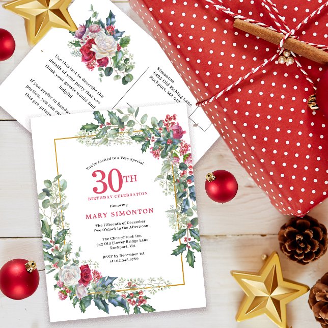 Invitation Fleurie Rose Blanche au Houx pour 30 an (Need a matching Welcome Sign? Party supplies. Message me!)