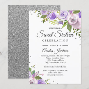 Invitation Fleurie Violet Argenté pour un Sweet Si