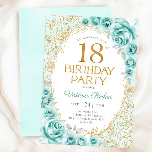 Invitation Fleurs 18e Anniversaire Turquoise Or