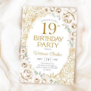 Invitation Fleurs 19e Anniversaire Crème Or