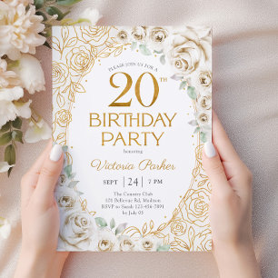 Invitation Fleurs 20e Anniversaire Crème Or