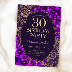 Invitation Fleurs 30 ans Anniversaire Violet Or
