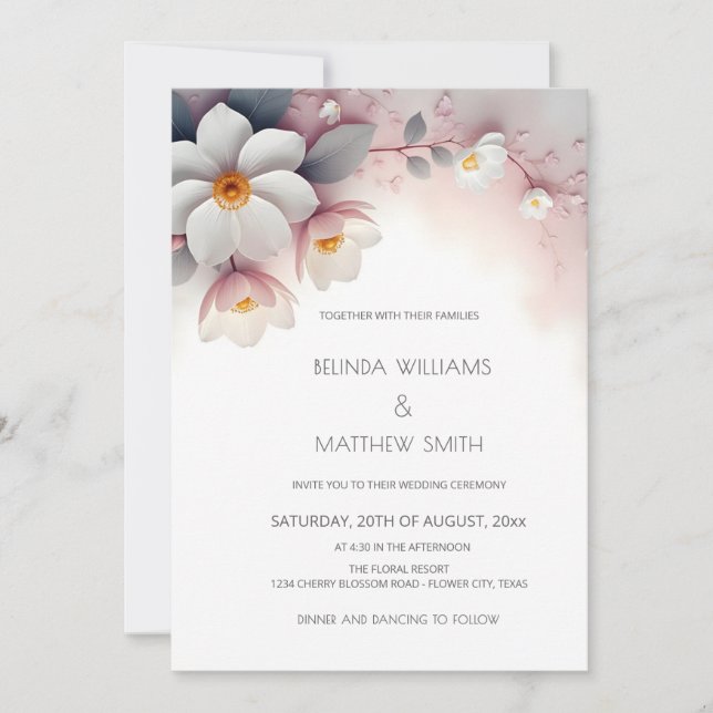 Invitation Fleurs 3D blanches (Devant)