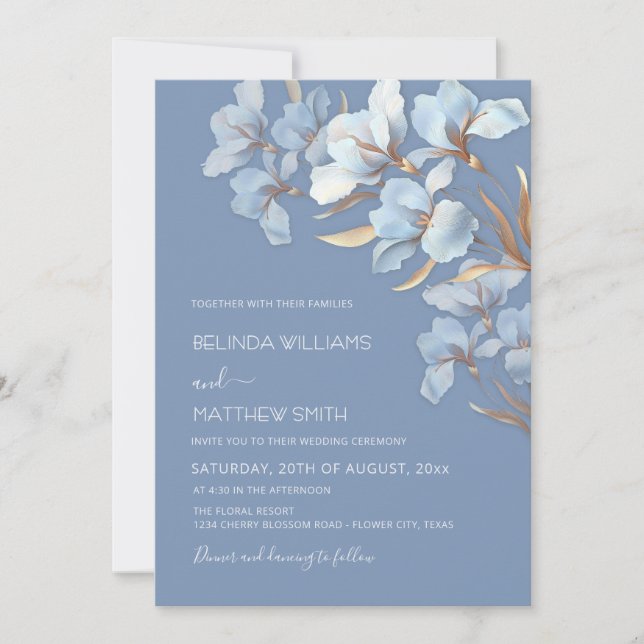 Invitation Fleurs 3D Bleu Or  (Devant)