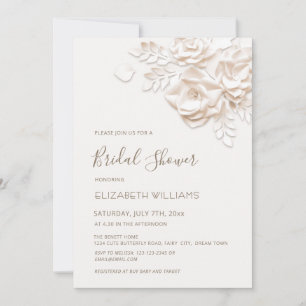 Invitation Fleurs 3D Roses Crème Mariage Minimaliste Baby Sho